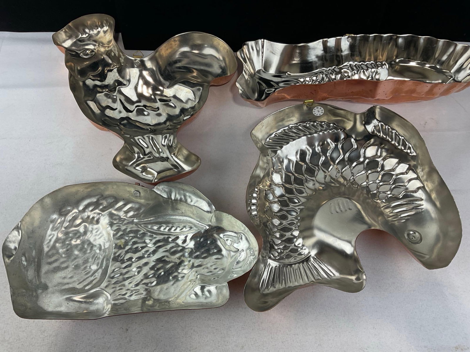 4 Coppered Jelly Molds, Rooster, Bunny, & Pair of Fish Shaped pieces, made in Korea - 4