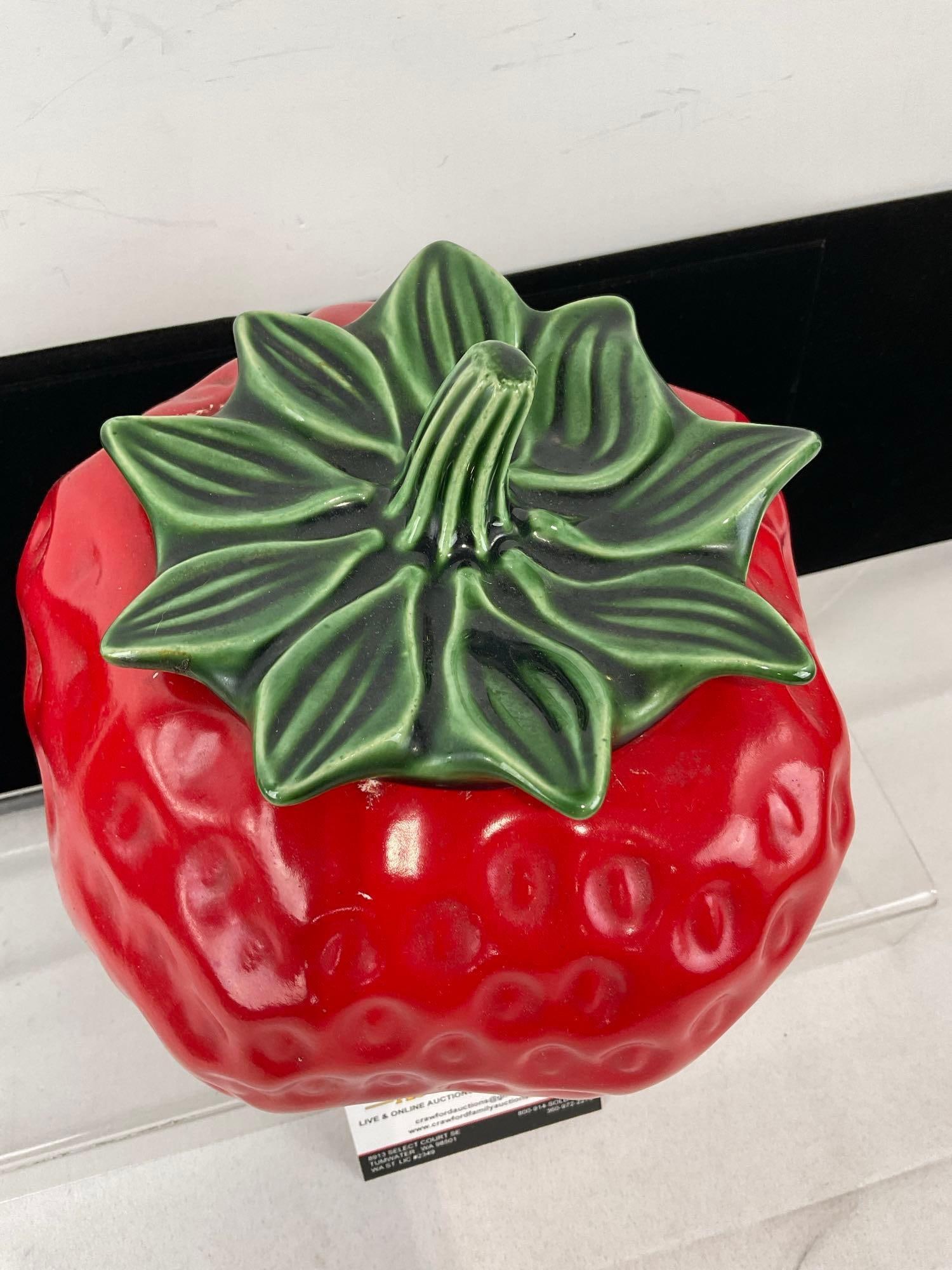 Early 20th Century McCoy Strawberry Shaped Cookie Jar, w/green stem Lid, 10h x 8w x 9d inches - 2