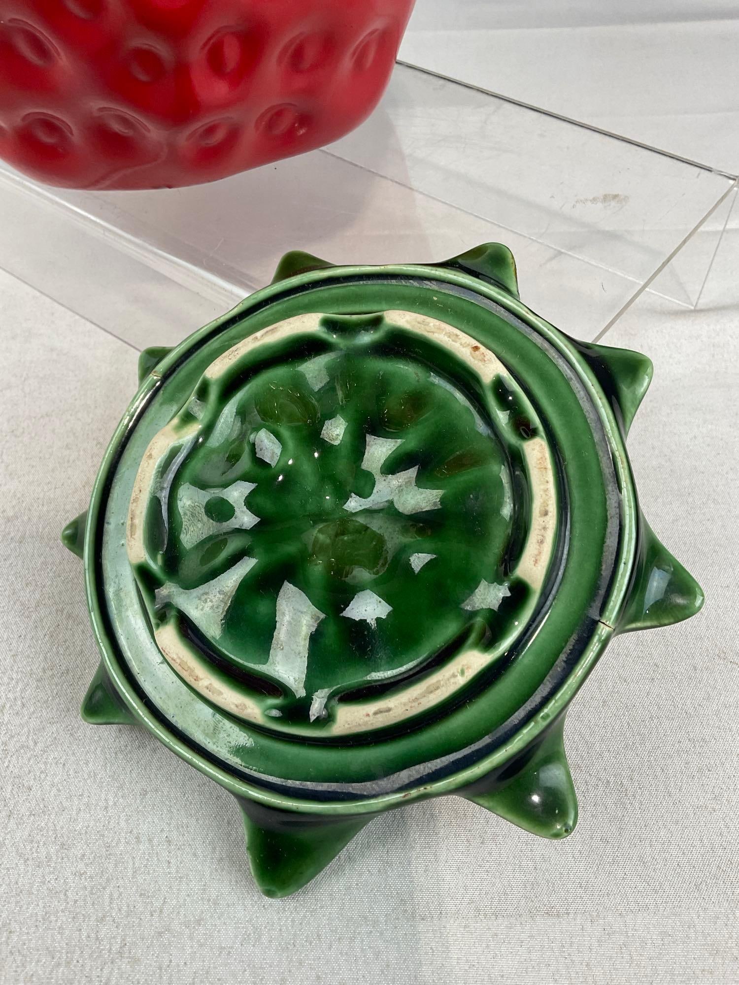 Early 20th Century McCoy Strawberry Shaped Cookie Jar, w/green stem Lid, 10h x 8w x 9d inches - 3