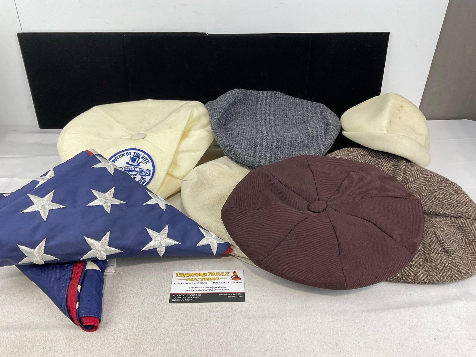 Pair of American Flags, 4 Vintage Newsboy Caps, Medium Size, 1 marked Hatterdashery & more (1 of 5)