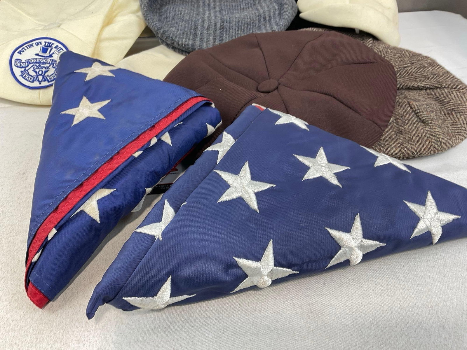Pair of American Flags, 4 Vintage Newsboy Caps, Medium Size, 1 marked Hatterdashery & more - 2