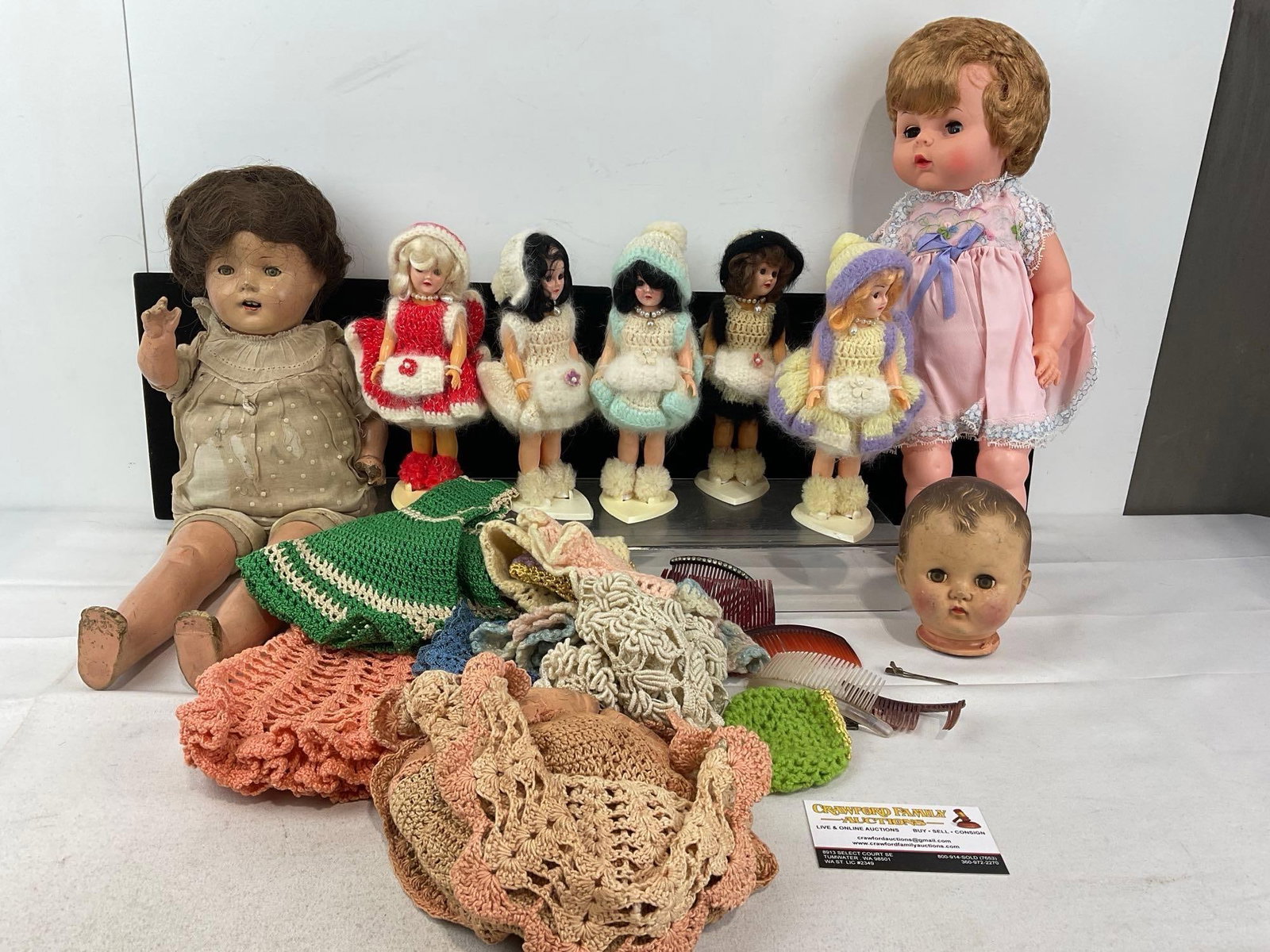 Antique Effanbee Composition Doll, 5 1970s Dress Me Dolls w/stands, a few Crocheted Doll Clothes (1 of 6)
