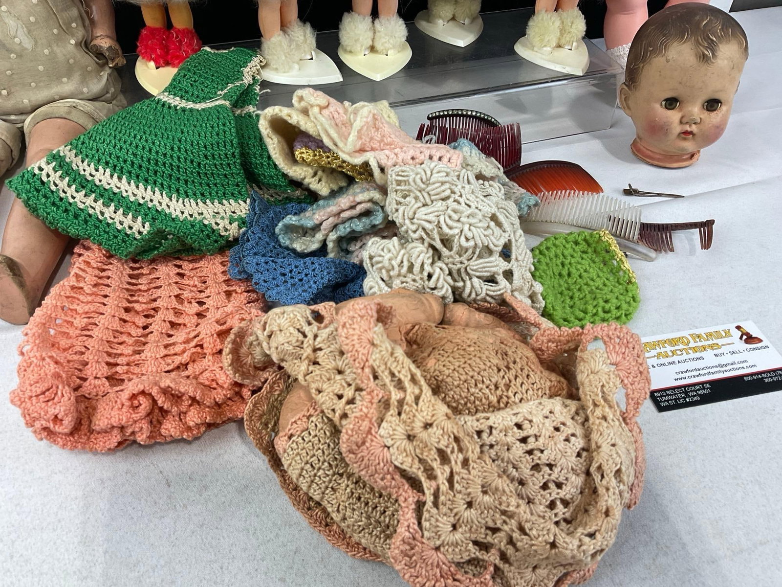 Antique Effanbee Composition Doll, 5 1970s Dress Me Dolls w/stands, a few Crocheted Doll Clothes - 2