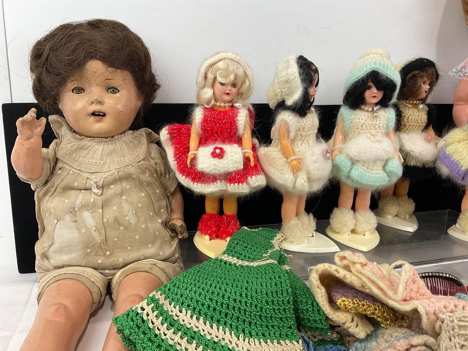 Antique Effanbee Composition Doll, 5 1970s Dress Me Dolls w/stands, a few Crocheted Doll Clothes - 3