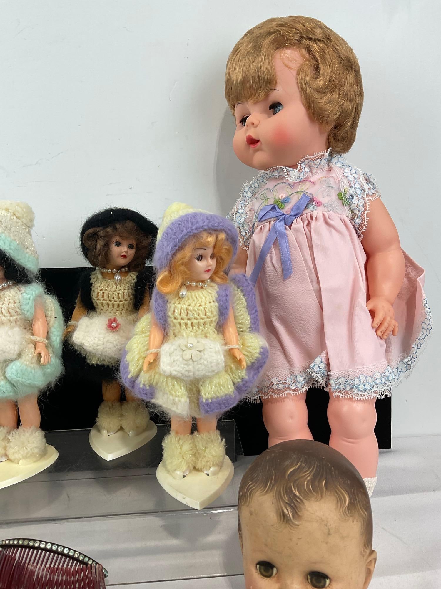 Antique Effanbee Composition Doll, 5 1970s Dress Me Dolls w/stands, a few Crocheted Doll Clothes - 4