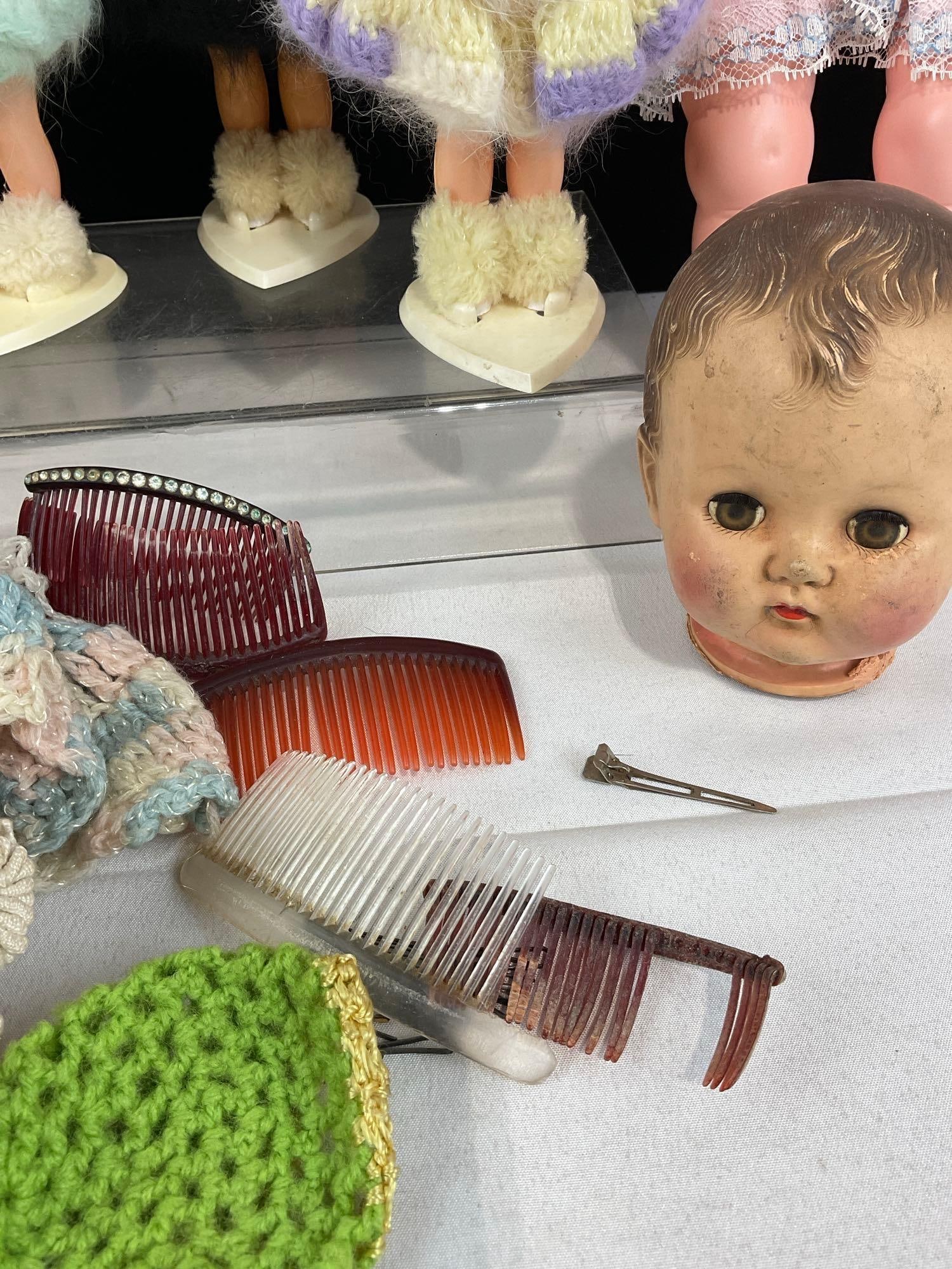 Antique Effanbee Composition Doll, 5 1970s Dress Me Dolls w/stands, a few Crocheted Doll Clothes - 5