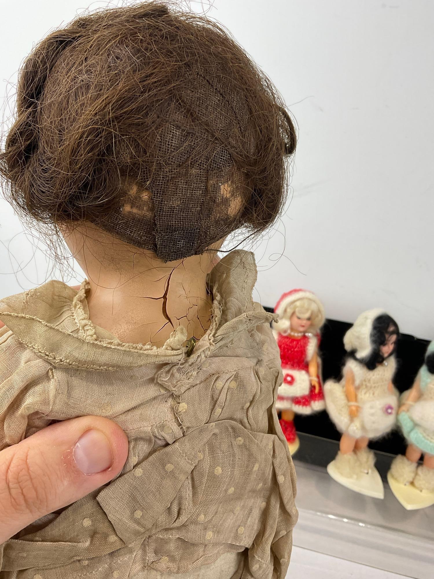 Antique Effanbee Composition Doll, 5 1970s Dress Me Dolls w/stands, a few Crocheted Doll Clothes - 6