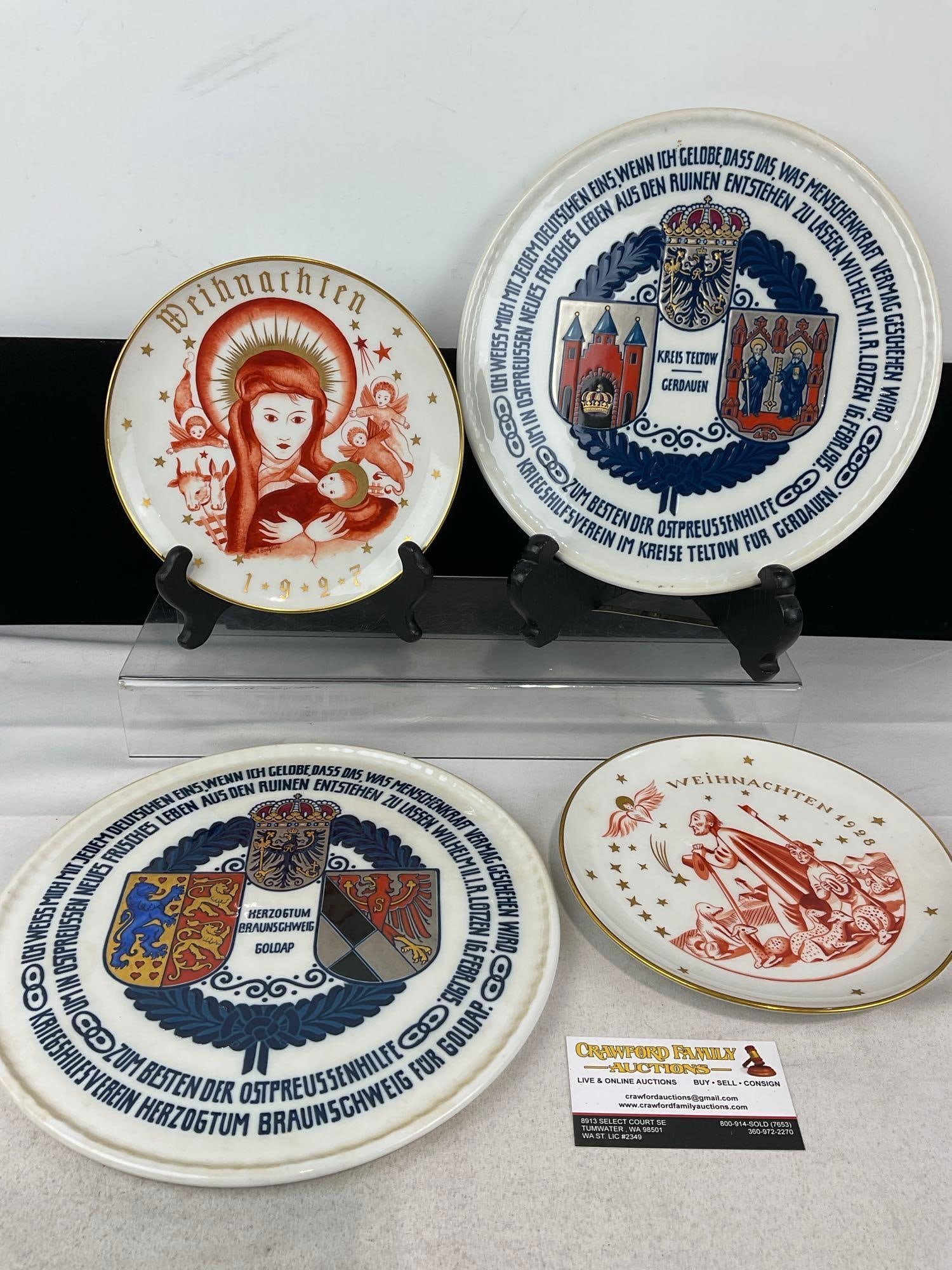 4 KPM Early 20th Century German Plates, Braunschweig & Kreis Teltow, Christmas 1927 & 1928: Appears to be in good shape. The piece measures approx 4h x 12w x 12d inches. See pics. E-6080