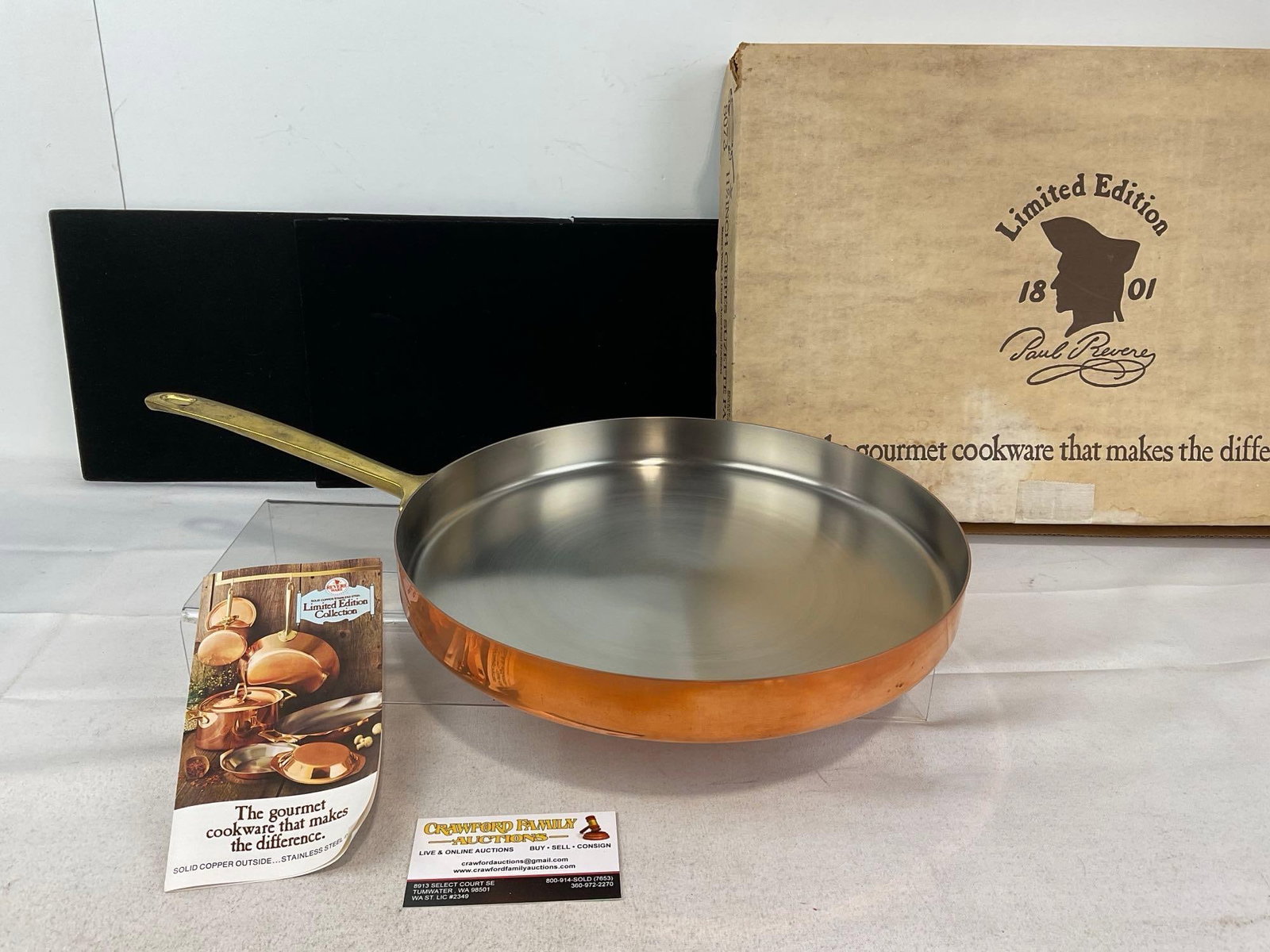 NIB Revere Ware Limited Edition Solid Copper/Stainless Steel 11.5 inch crepes suzette pan #8073: Appears to be in good shape, some imperfections, possibly from when they were made or from storage. The piece measures approx 4h x 18w x 13d inches. See pics. E-6080