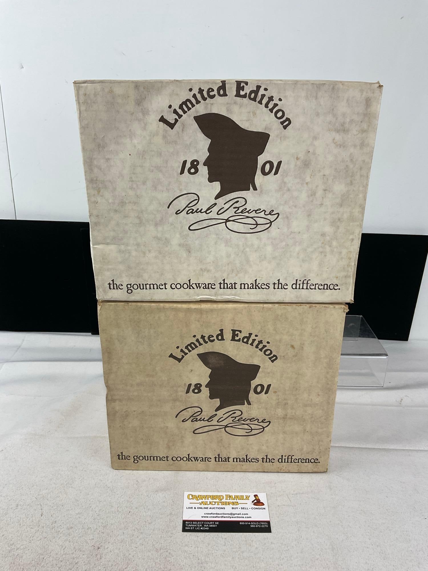 2 Revere Ware Limited Edition Solid Copper/Stainless Steel Buffet Casseroles 8063 3 Qt & 8064 4 Qt: Appears to be in good shape, the boxes have some wear but they are still factory sealed. The piece measures approx 12h x 9w x 11d inches. See pics. E-6080