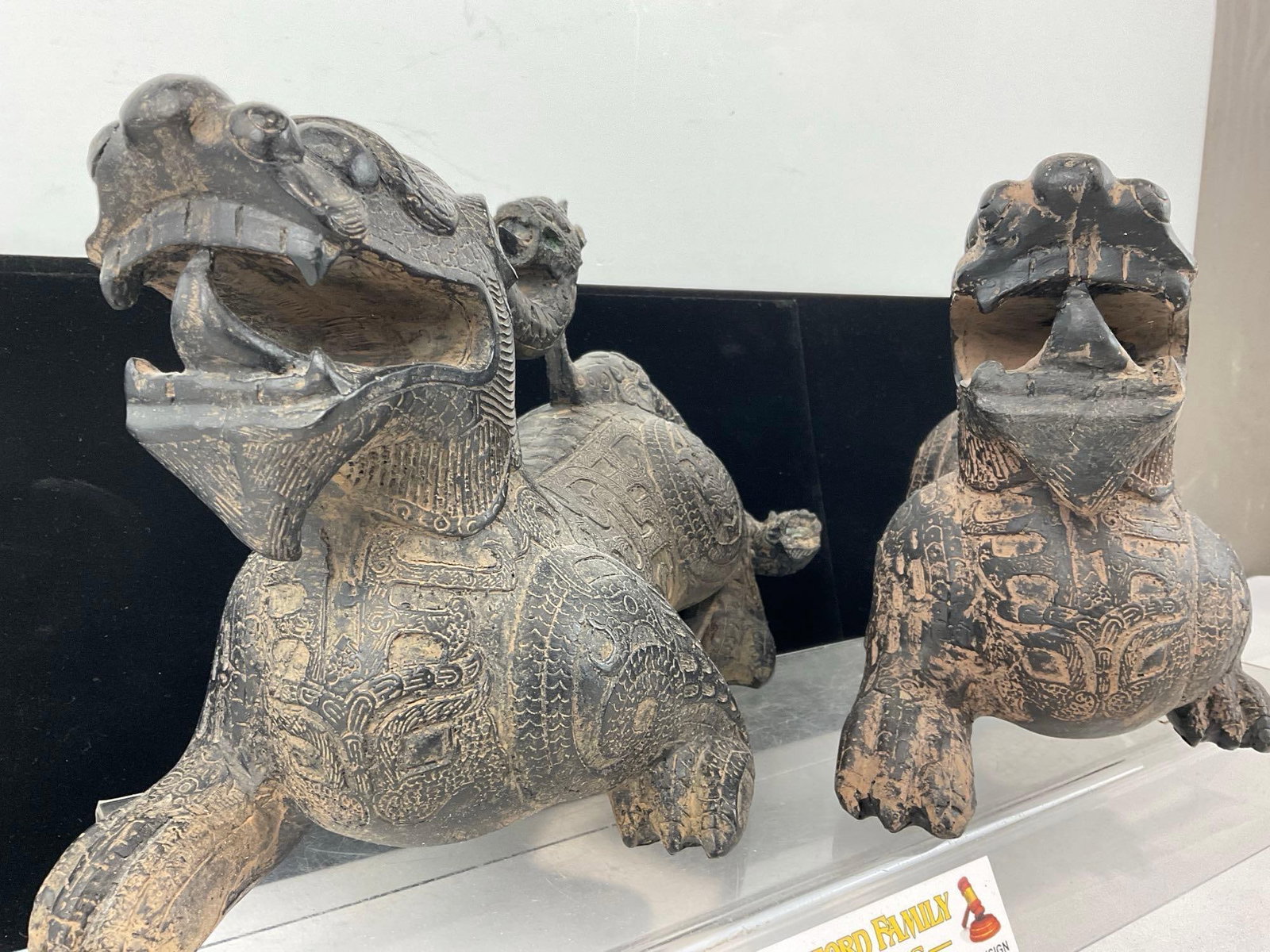 Pair of Qilin Guardian Beast Statues, Composite, Dark Brown, together 9h x 13w x 9d inches - 2