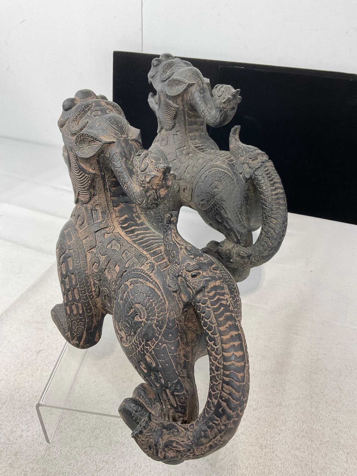 Pair of Qilin Guardian Beast Statues, Composite, Dark Brown, together 9h x 13w x 9d inches - 3