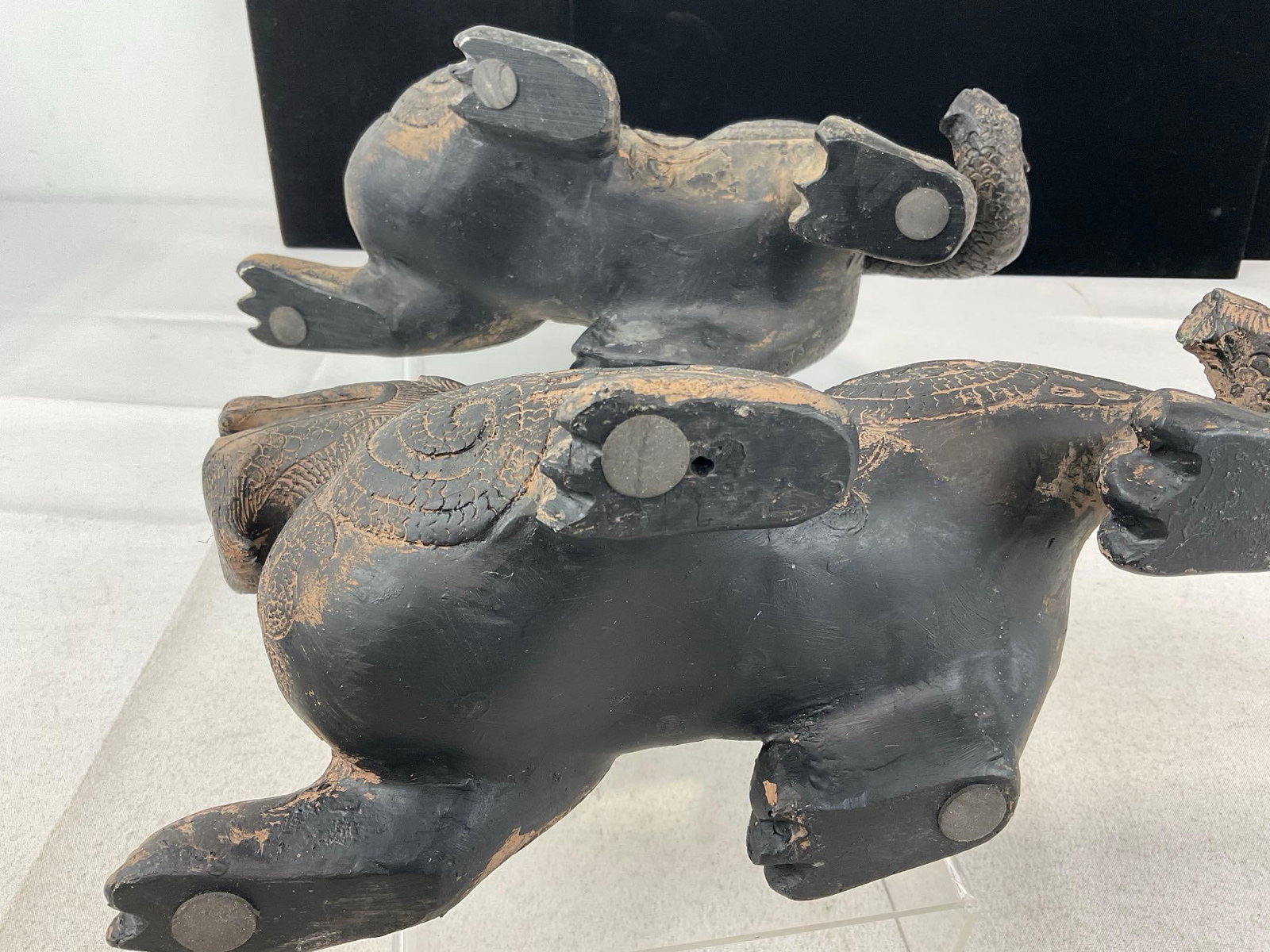 Pair of Qilin Guardian Beast Statues, Composite, Dark Brown, together 9h x 13w x 9d inches - 4