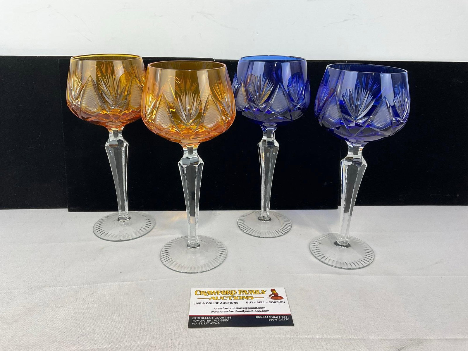 Set of 4 Bohemian Cut to Clear Crystal Wine Goblets, 2 in Tangerine Orange & 2 inCobalt: Appears to be in good shape. The piece measures approx 7h x 9w x 12d inches. See pics. E-6080