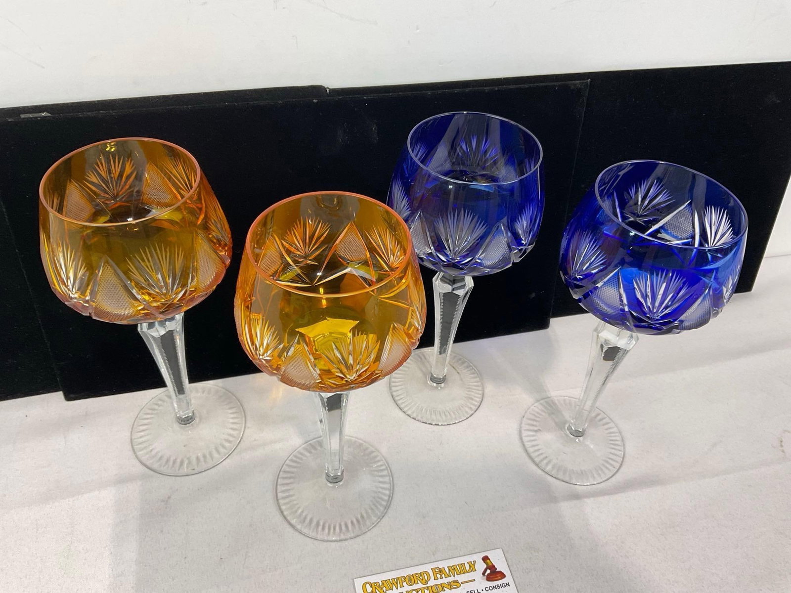 Set of 4 Bohemian Cut to Clear Crystal Wine Goblets, 2 in Tangerine Orange & 2 inCobalt - 2