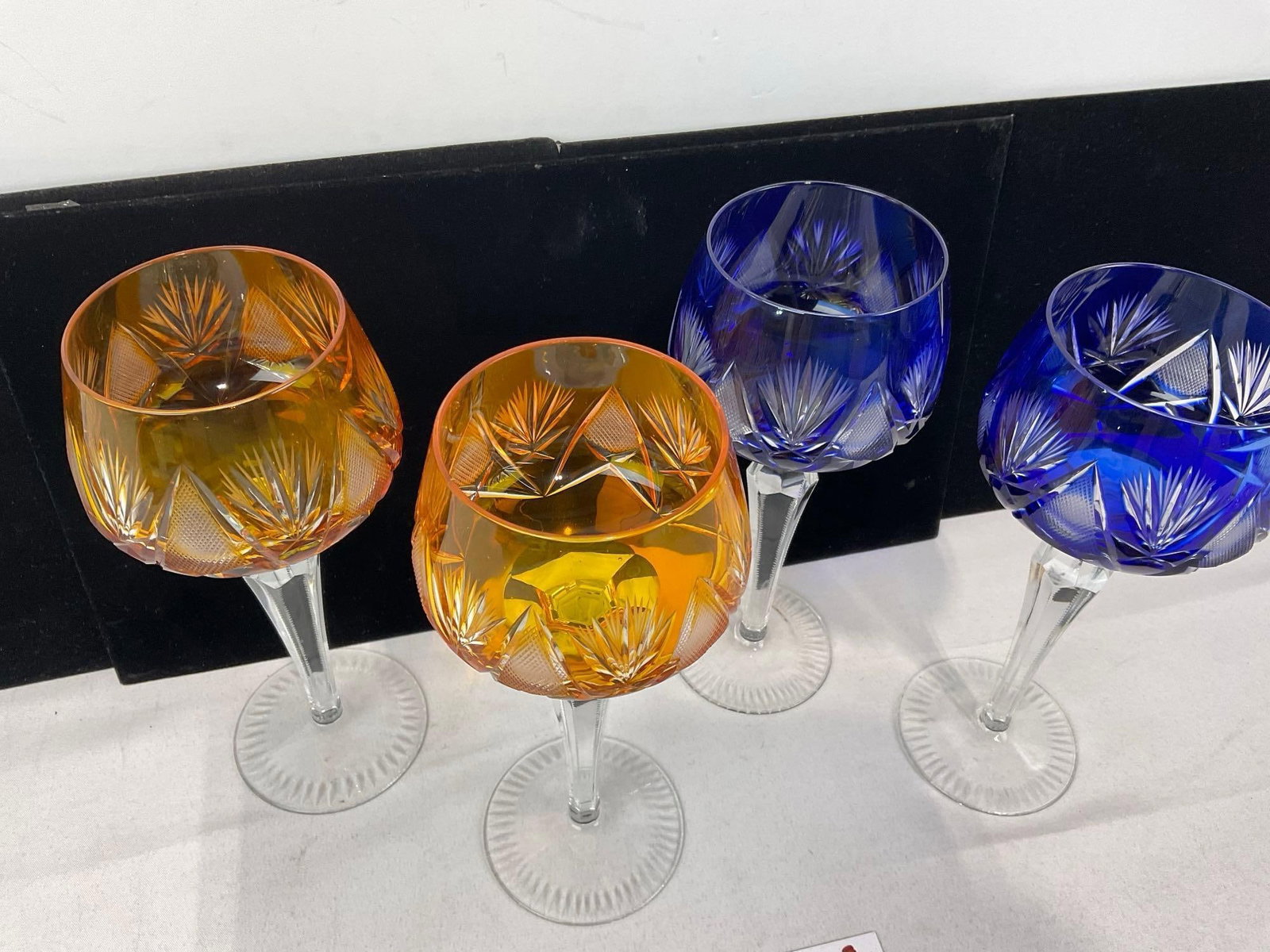Set of 4 Bohemian Cut to Clear Crystal Wine Goblets, 2 in Tangerine Orange & 2 inCobalt - 3