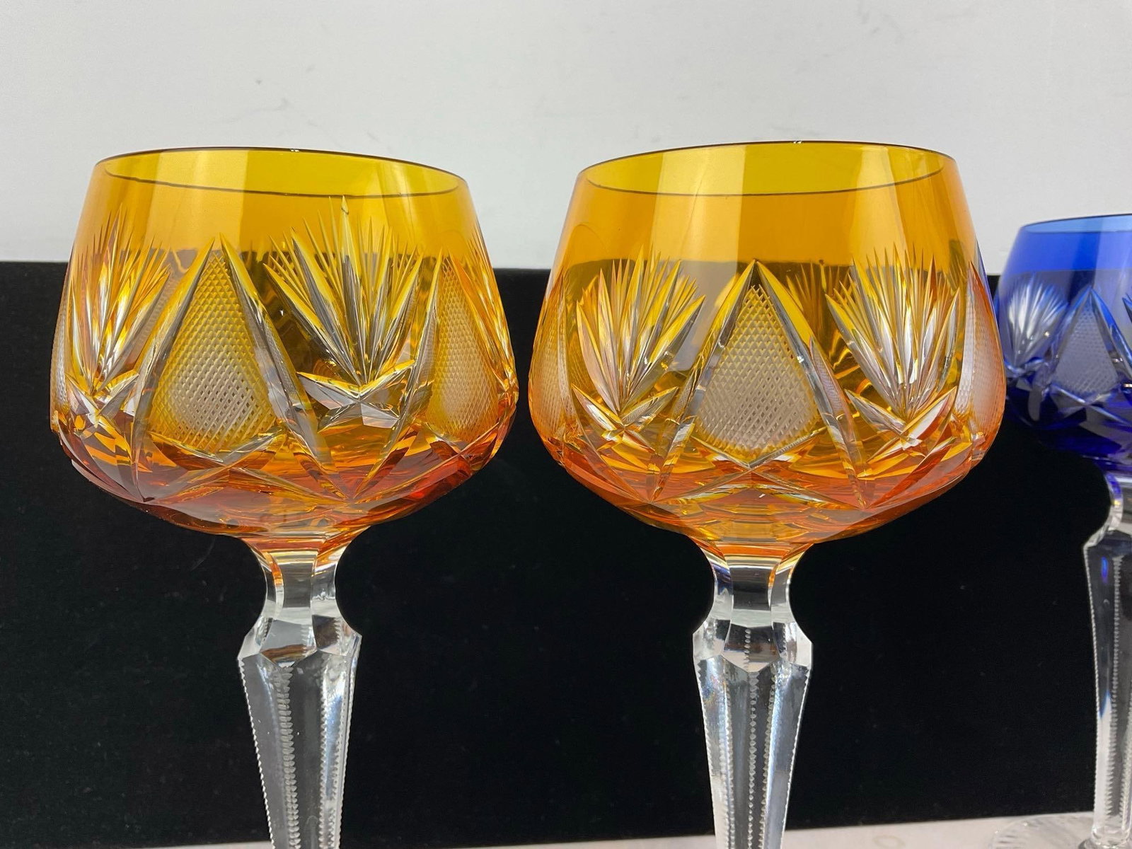 Set of 4 Bohemian Cut to Clear Crystal Wine Goblets, 2 in Tangerine Orange & 2 inCobalt - 4