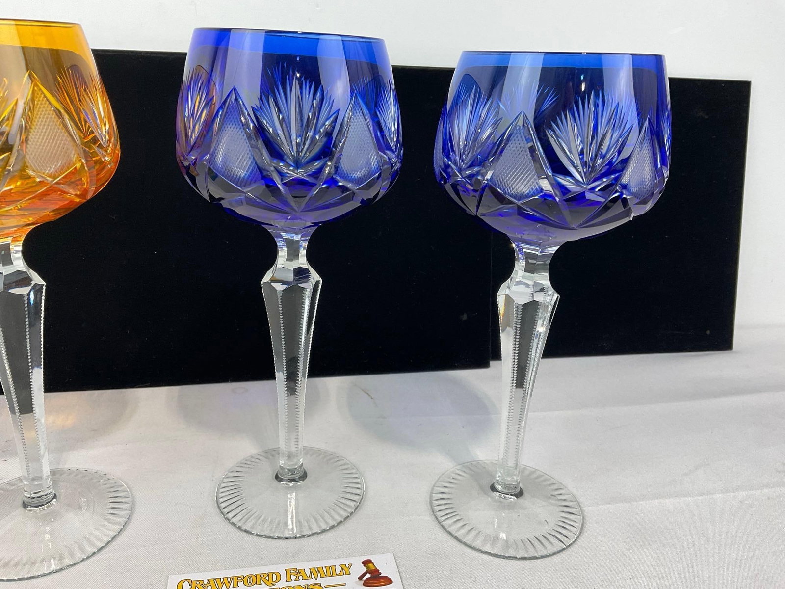 Set of 4 Bohemian Cut to Clear Crystal Wine Goblets, 2 in Tangerine Orange & 2 inCobalt - 5