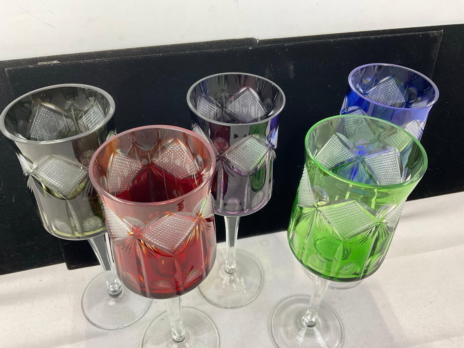 5 Bohemian Cut to Clear Crystal Wine Goblets, 5 different colors - 2