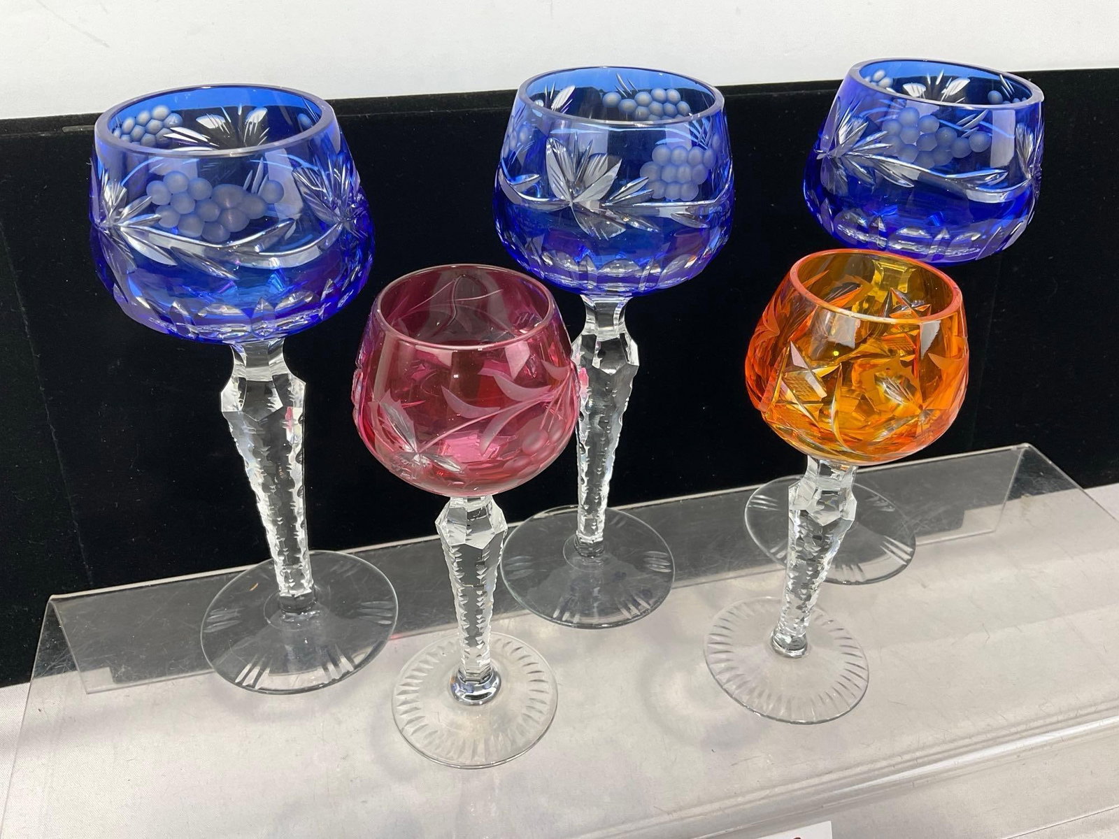 5 Bohemian Cut to Clear Crystal Cordial Glasses, 3 Cobalt, 1 each Red & Orange - 2