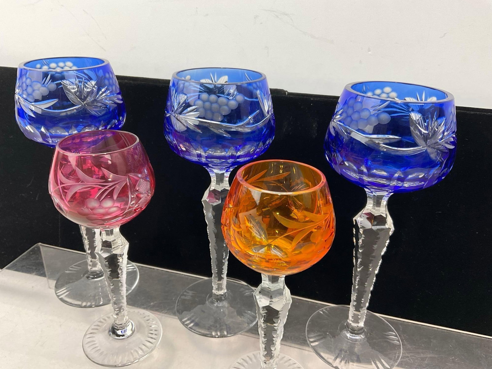 5 Bohemian Cut to Clear Crystal Cordial Glasses, 3 Cobalt, 1 each Red & Orange - 3