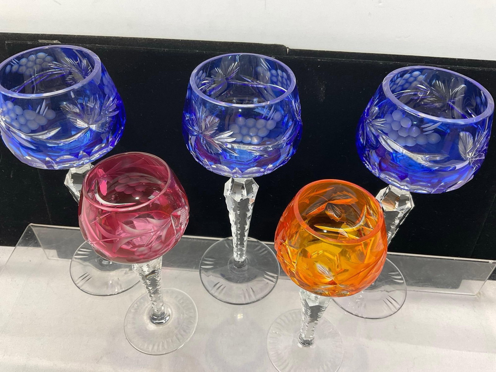 5 Bohemian Cut to Clear Crystal Cordial Glasses, 3 Cobalt, 1 each Red & Orange - 4