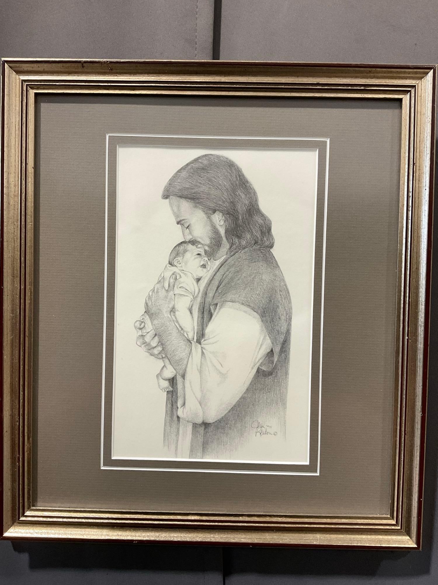 Framed Religious Print, Jesus & Child b yJean Keaton 1995, 15x13 inches: Appears to be in good shape. The piece measures approx 15h x 13w x 3d inches. See pics. E-6080