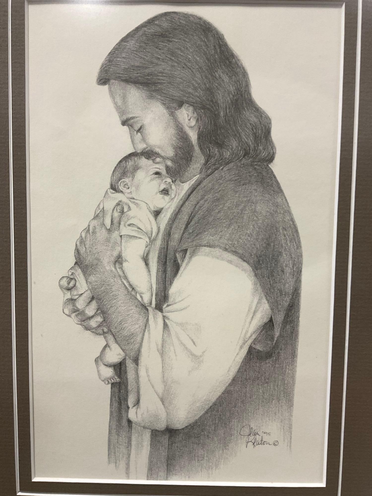 Framed Religious Print, Jesus & Child b yJean Keaton 1995, 15x13 inches - 2