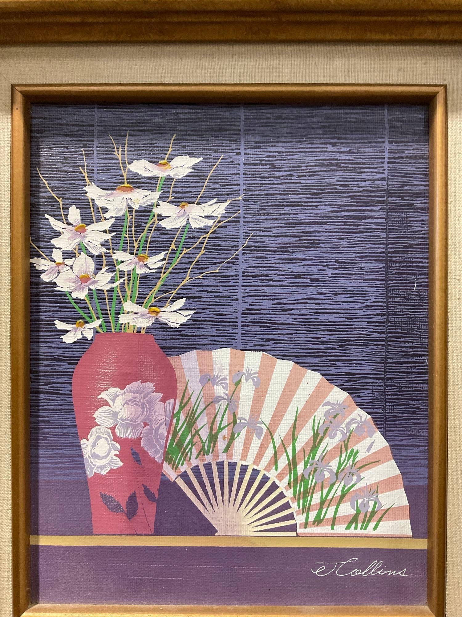Framed Repro Serigraph, Flowers in Vase & Fan, by E Collins, very purple, 18x16 inches - 2