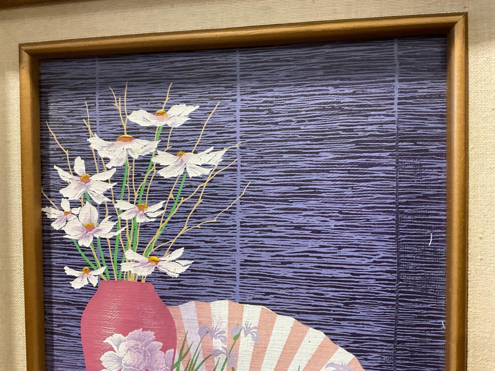 Framed Repro Serigraph, Flowers in Vase & Fan, by E Collins, very purple, 18x16 inches - 3