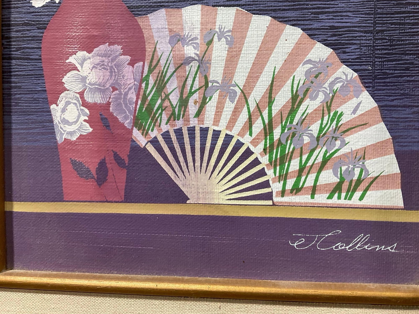 Framed Repro Serigraph, Flowers in Vase & Fan, by E Collins, very purple, 18x16 inches - 4