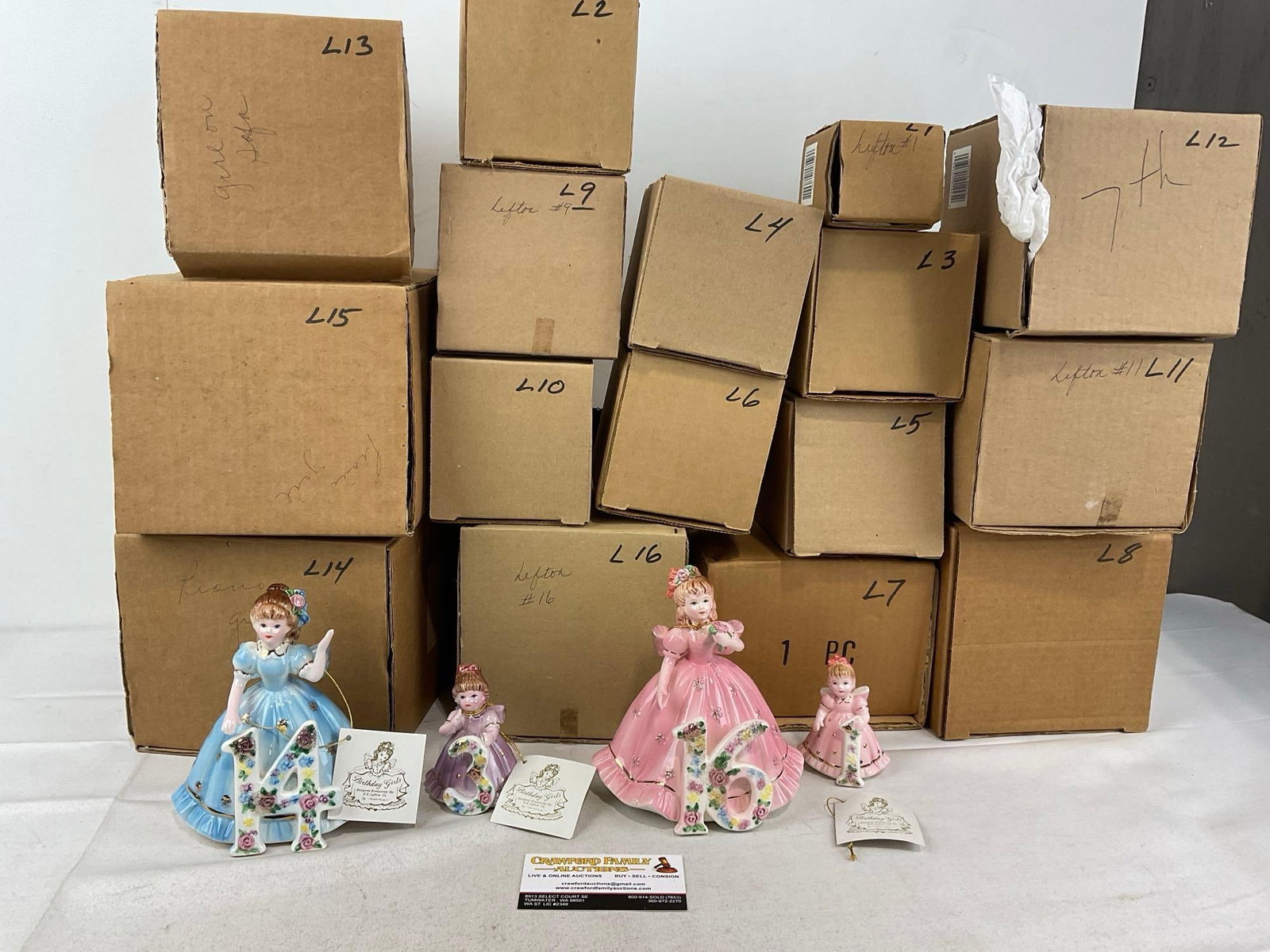 Vintage 1990s Lefton Birthday Girls Set of 16, from 1 to 16 in original boxes: Appears to be in good shape. The pieces fit in two boxes that measures approx 24h x 18w x 14d inches. See pics. E-5940