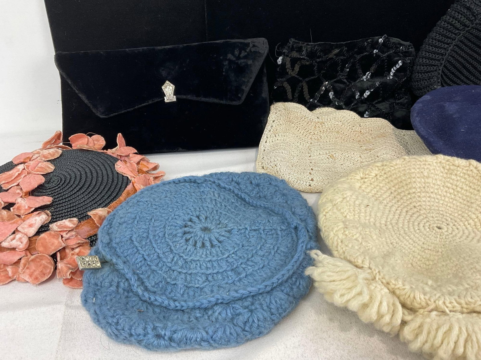 Collection of Vintage Hats & Purses, Woven pieces, Play Topper Hat, Felt & Beaded Purses - 2