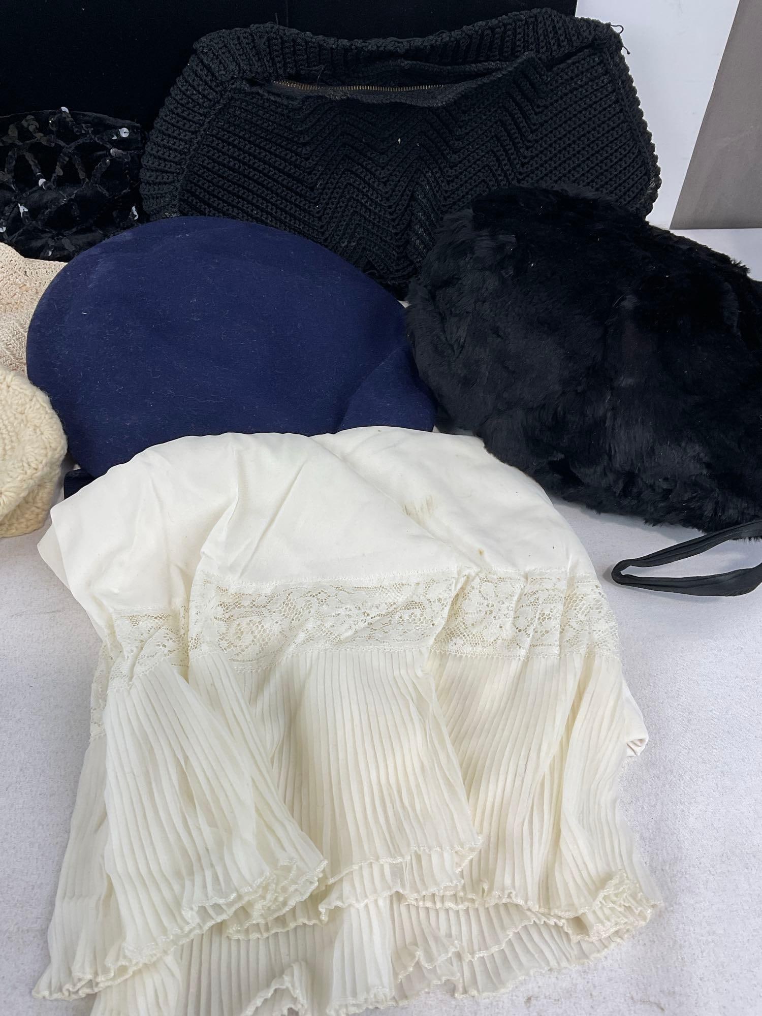 Collection of Vintage Hats & Purses, Woven pieces, Play Topper Hat, Felt & Beaded Purses - 3