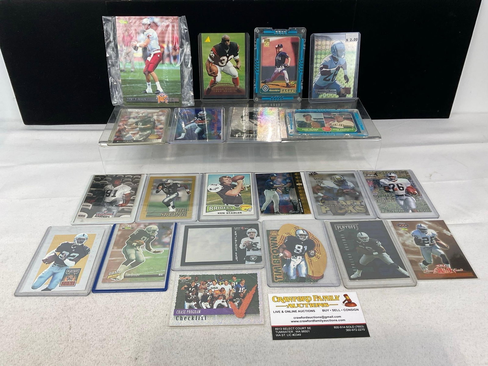 Selection of 21 NFL Football Cards, Raiders, Classic, Upper Deck, Pinnacle, Score, Skybox & more: Appears to be in good shape. The piece measures approx 3h x 6w x 5d inches. See pics. E-5940