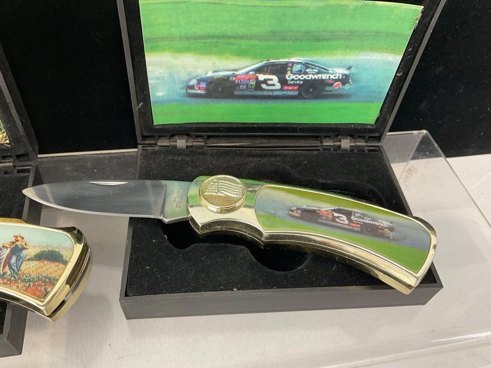 Set of 3 Commerorative Knives, Racing Scenes on 2 & John Deere Tractor, w/2 cases - 3