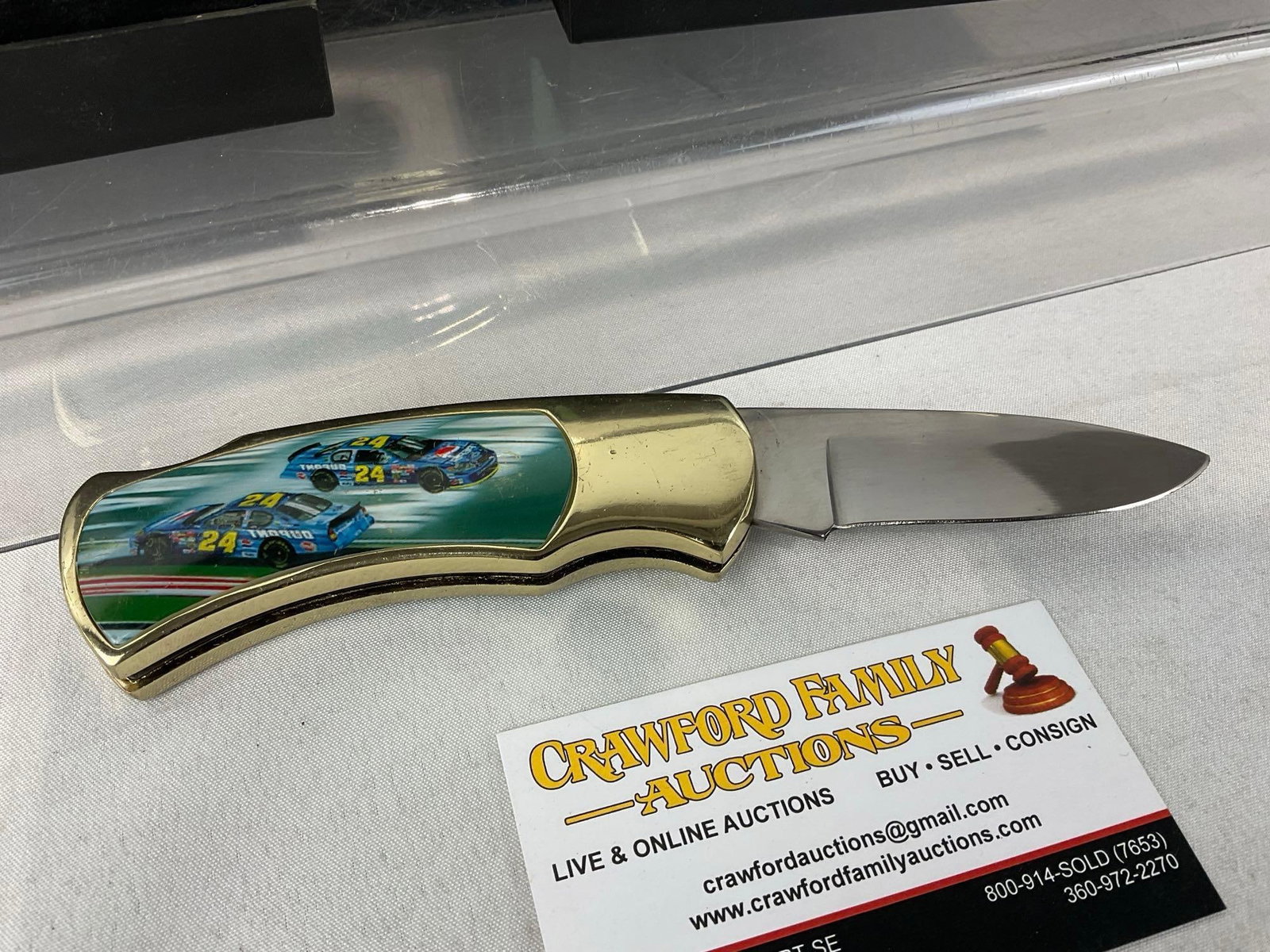 Set of 3 Commerorative Knives, Racing Scenes on 2 & John Deere Tractor, w/2 cases - 4