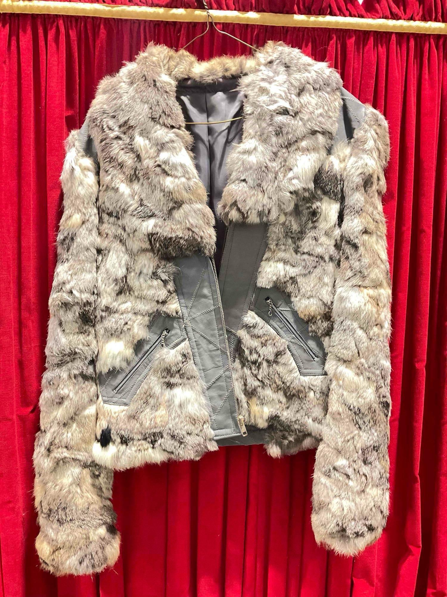 Vintage Brothers Custom Tailor Gray Leather & Rabbit Fur Hooded Jacket. As Is. Fair Condition. (1 of 8)