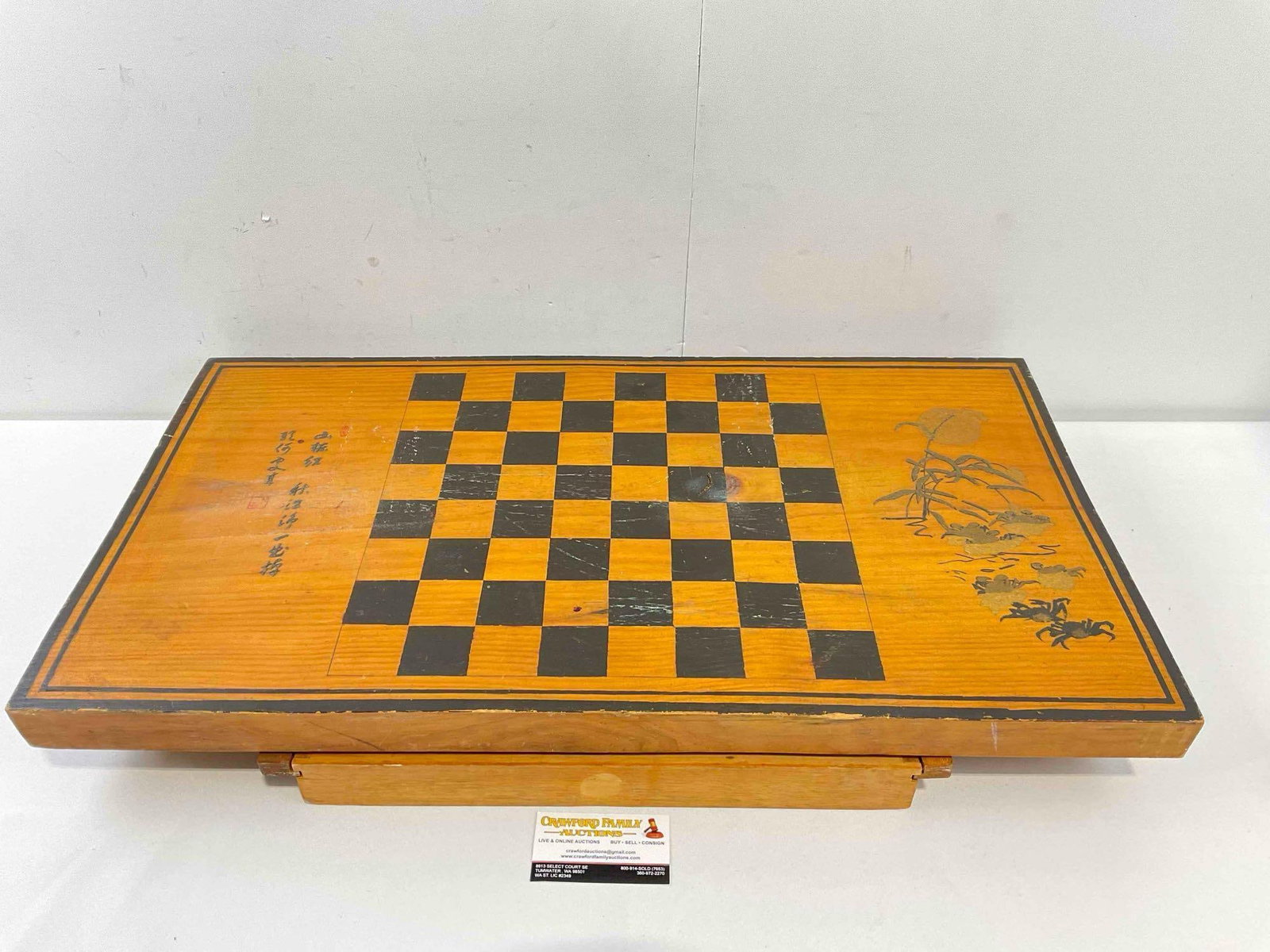 Vintage Wooden Chessboard w/ Felted Drawer & Asian Style Sand Art. Good Condition. See pics.: Vintage Wooden Chessboard w/ Felted Drawer & Asian Style Sand Art. Good Condition. Piece has wear indicative of age and use, otherwise looks to be in good condition. Measures 30" x 16" x 4"