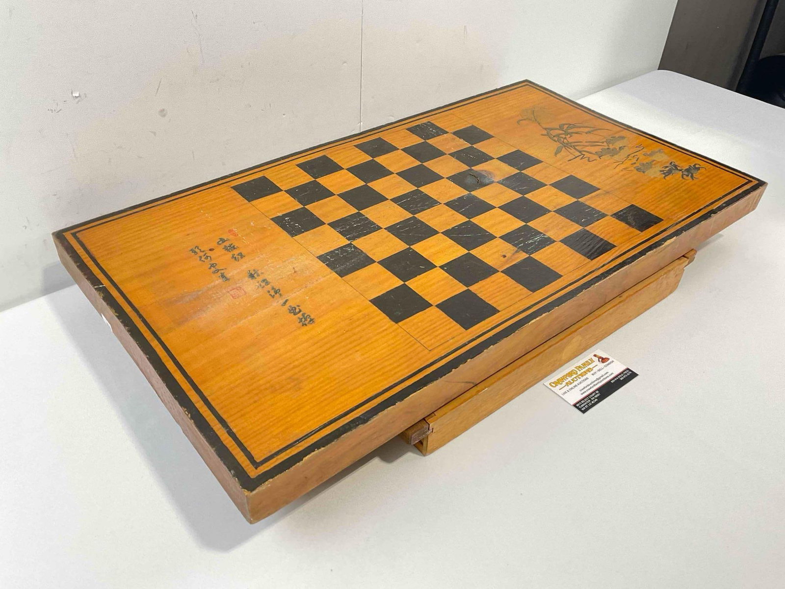 Vintage Wooden Chessboard w/ Felted Drawer & Asian Style Sand Art. Good Condition. See pics. - 2