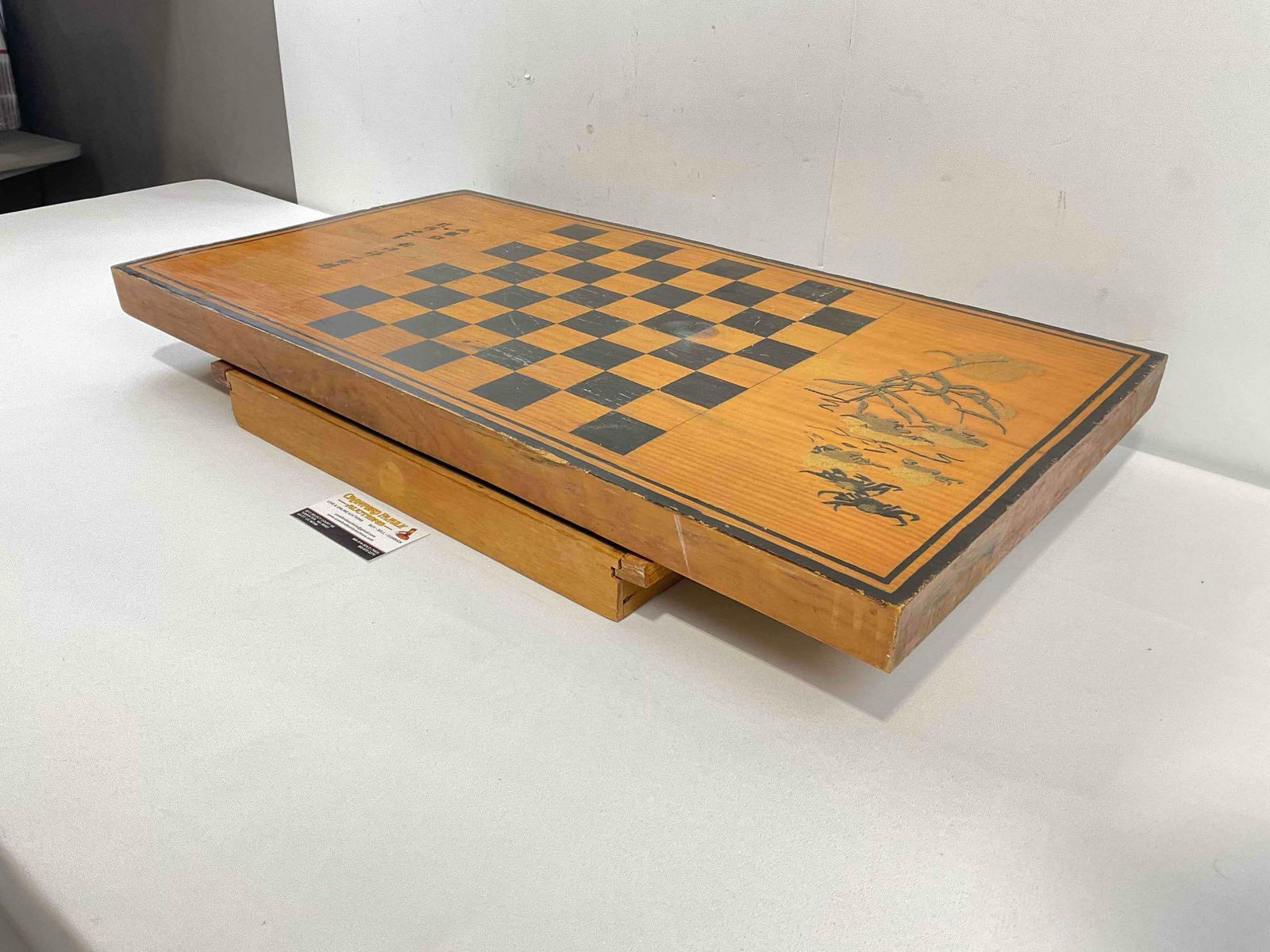 Vintage Wooden Chessboard w/ Felted Drawer & Asian Style Sand Art. Good Condition. See pics. - 3