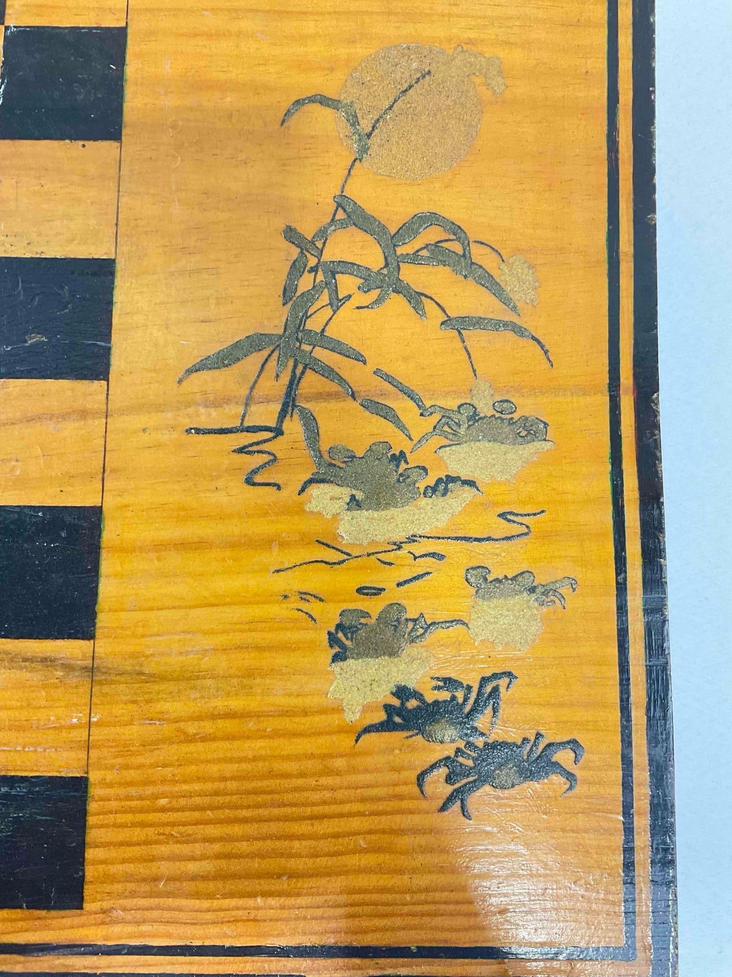 Vintage Wooden Chessboard w/ Felted Drawer & Asian Style Sand Art. Good Condition. See pics. - 5