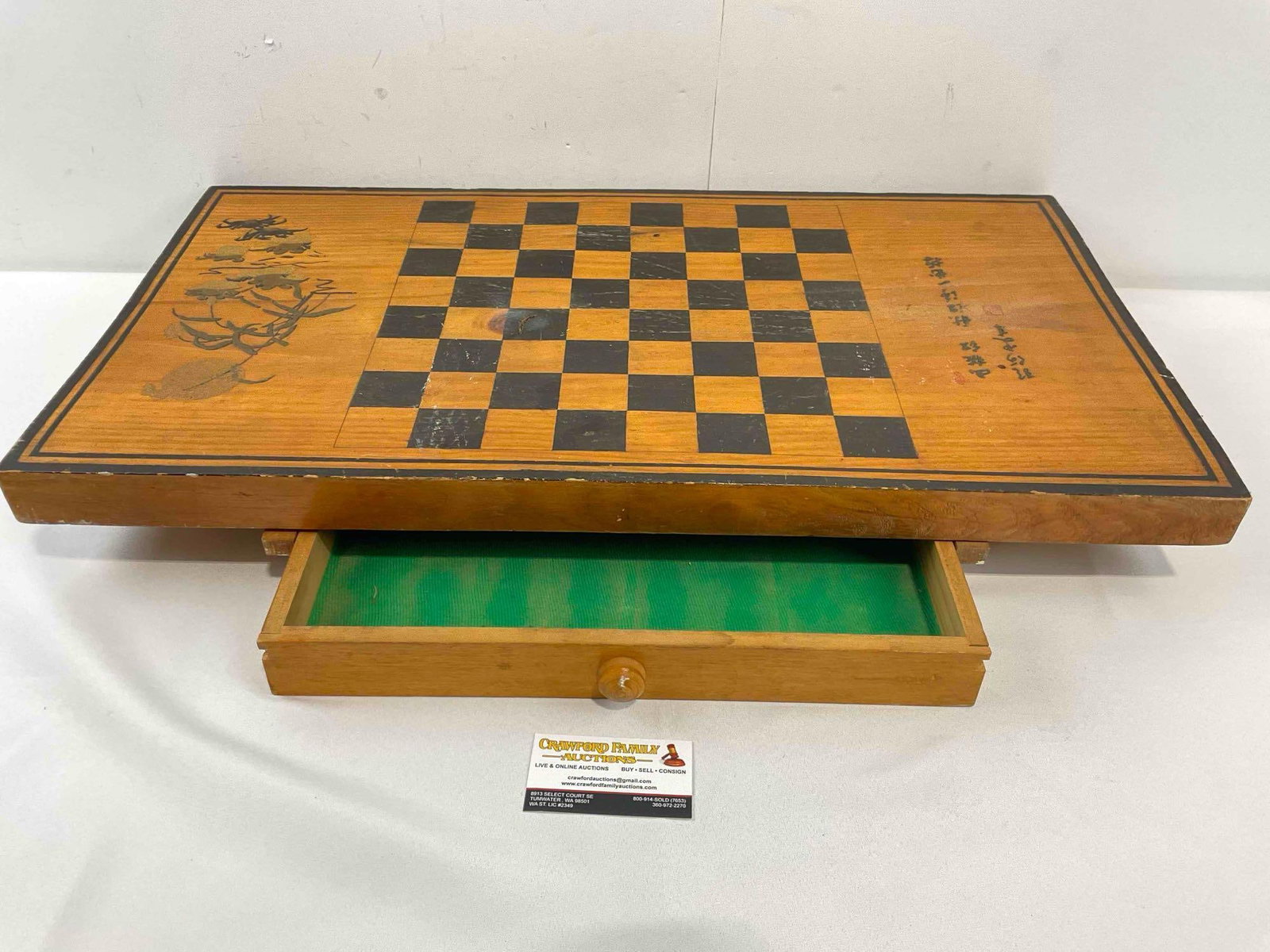 Vintage Wooden Chessboard w/ Felted Drawer & Asian Style Sand Art. Good Condition. See pics. - 7