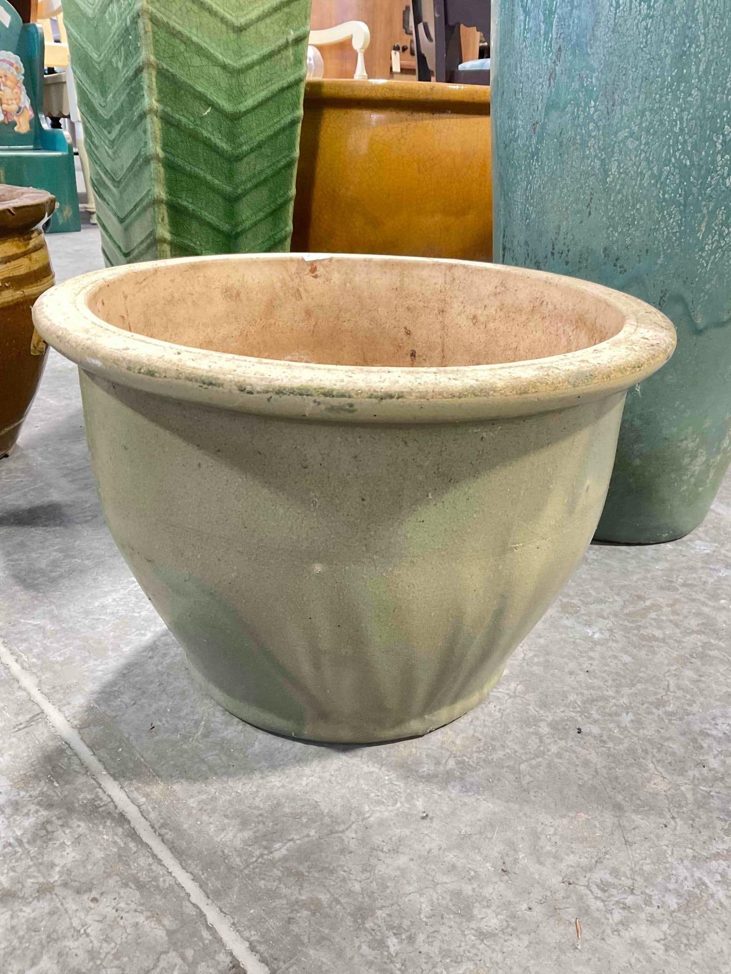 Khaki Green Glazed Ceramic Planter Pot. Measures 15" x 15" x 10" Good Condition. - 2