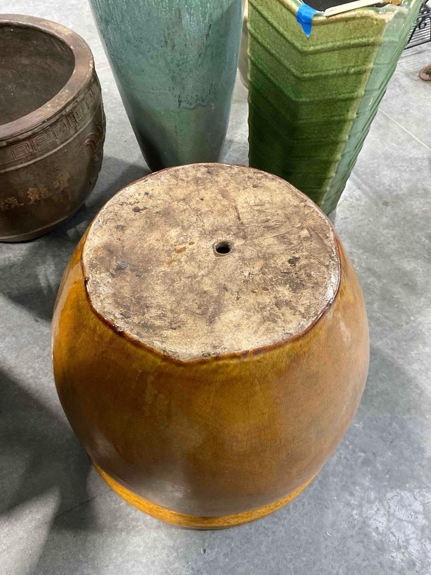Ochre Brown Glazed Ceramic Planter Pot w/ Crazed Finish. Measures 19" x 19" x 16" Good Condition. - 6