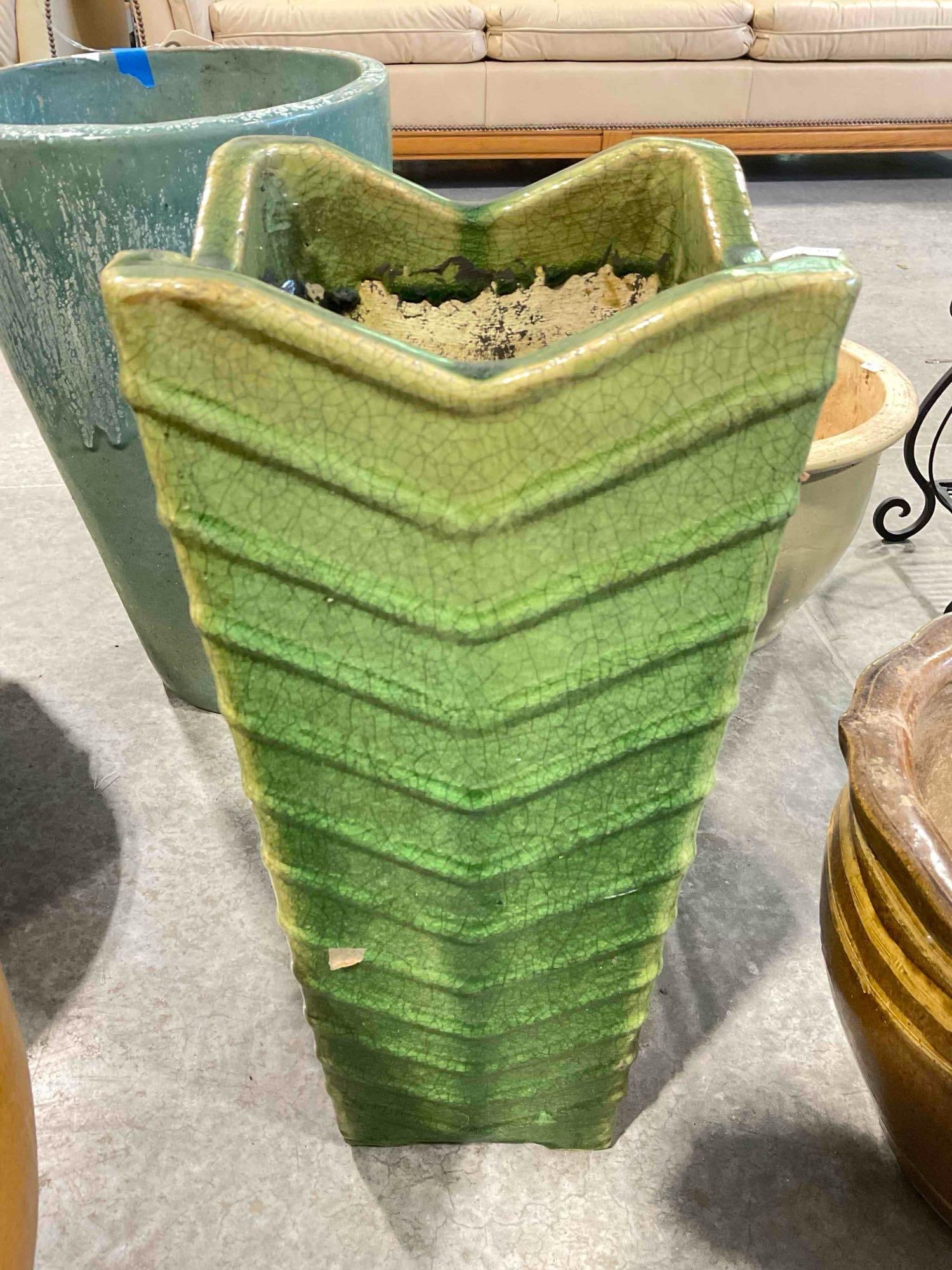 Leaf Green Glazed Ceramic Planter Pot w/ Crazed Finish. Measures 9" x 9" x 21" Good Condition.: Leaf Green Glazed Ceramic Planter Pot w/ Crazed Finish. Measures 9" x 9" x 21" Good Condition. One corner has a ding, minor wear indicative of age and use, otherwise looks to be in good condition.