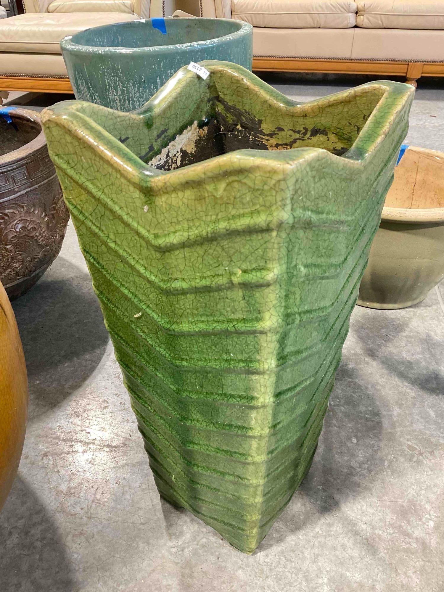 Leaf Green Glazed Ceramic Planter Pot w/ Crazed Finish. Measures 9" x 9" x 21" Good Condition. - 2