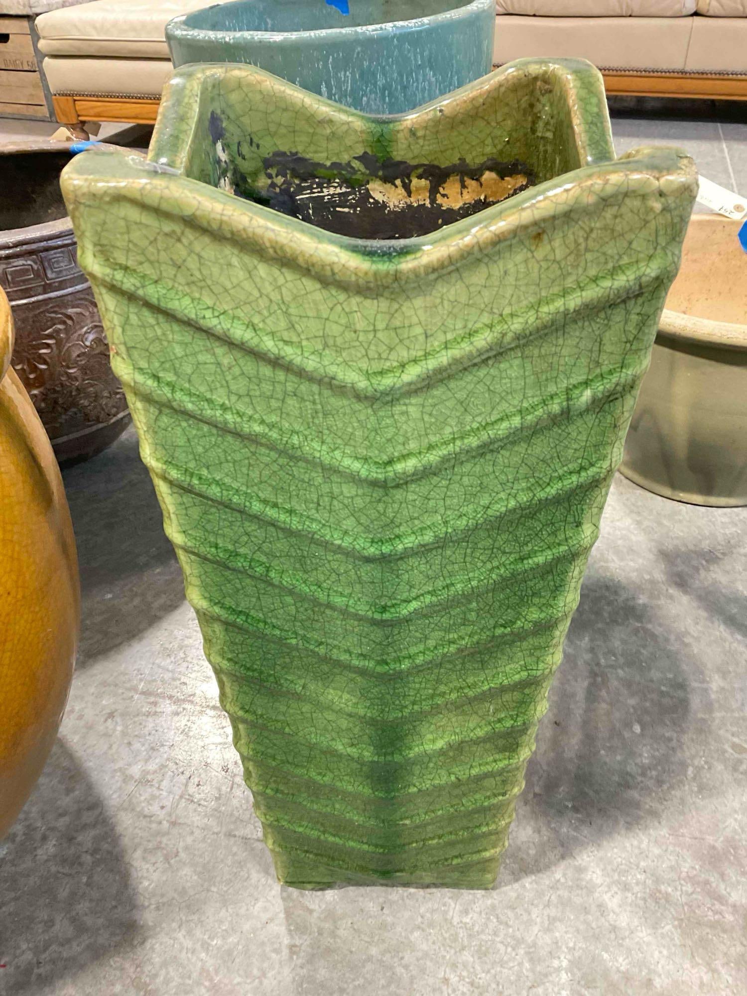Leaf Green Glazed Ceramic Planter Pot w/ Crazed Finish. Measures 9" x 9" x 21" Good Condition. - 3