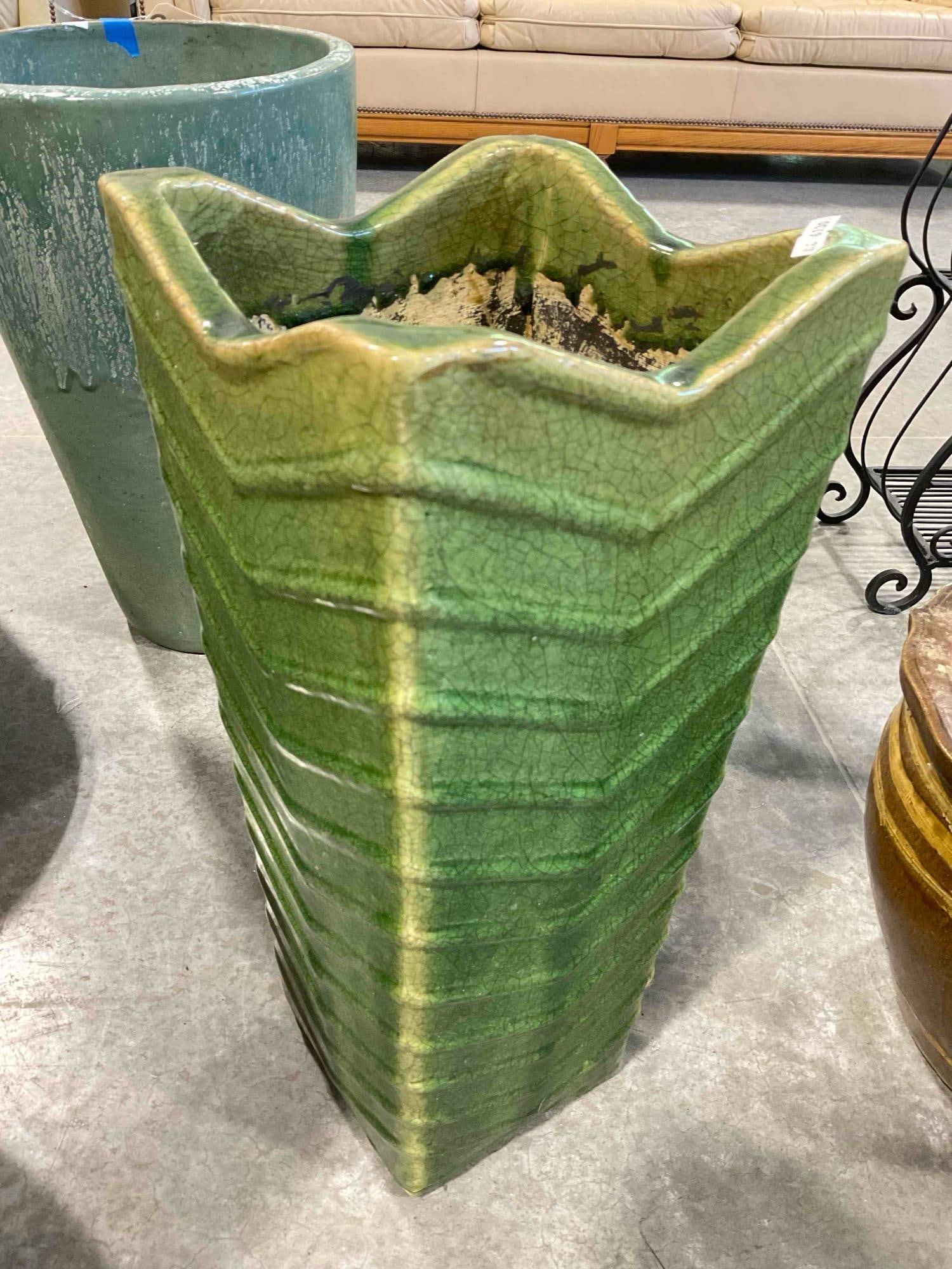 Leaf Green Glazed Ceramic Planter Pot w/ Crazed Finish. Measures 9" x 9" x 21" Good Condition. - 4