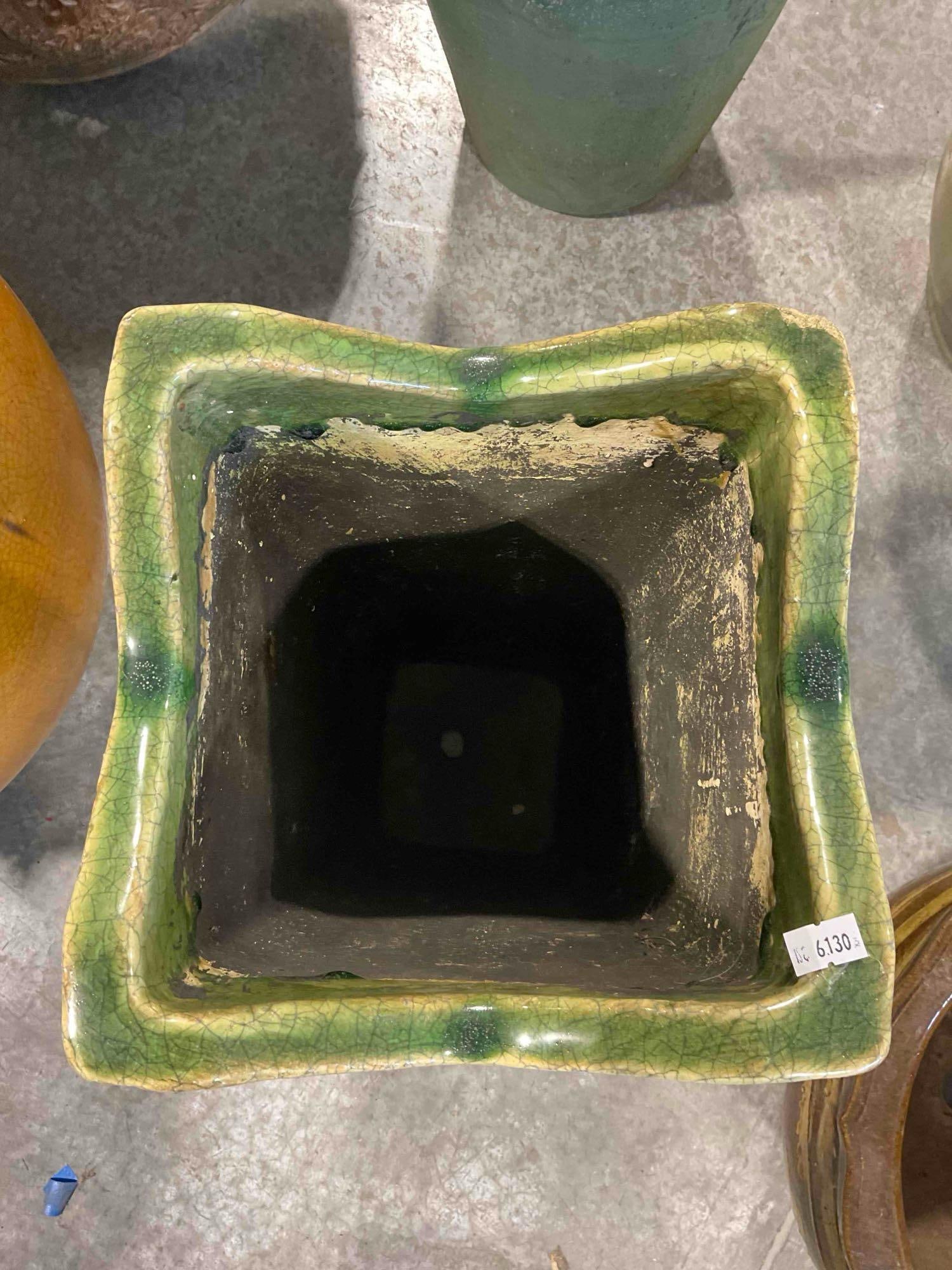 Leaf Green Glazed Ceramic Planter Pot w/ Crazed Finish. Measures 9" x 9" x 21" Good Condition. - 5